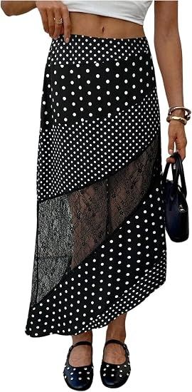 Black Polka Dot Midi Skirt With Lace Panels image 1